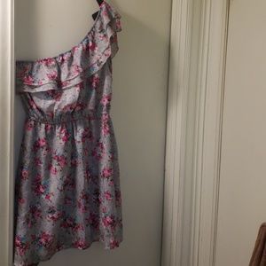 Floral gray over one shoulder dress